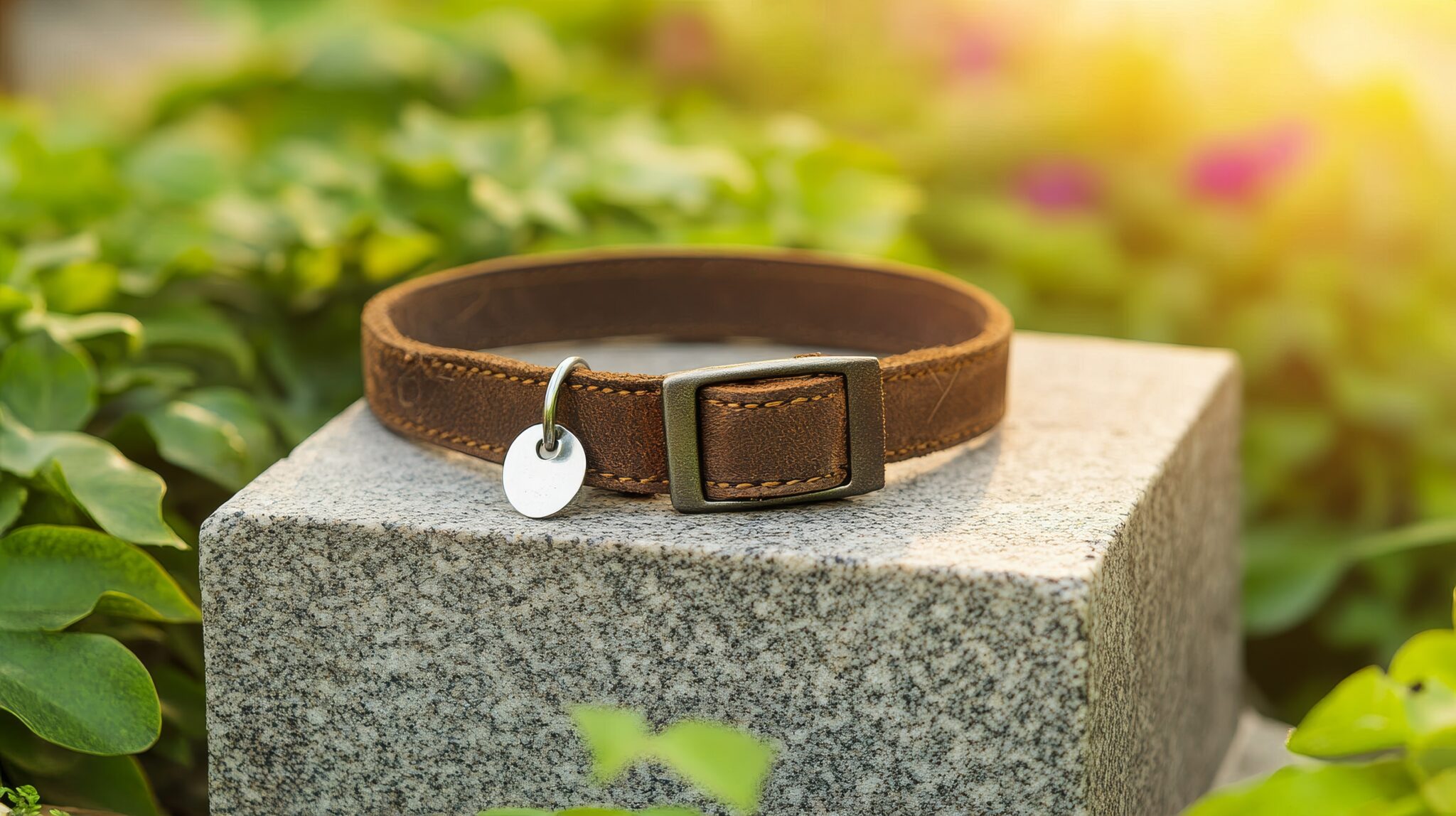 On A Stone Grave Marker, A Brown Leather Dog Collar With A Silver Tag Is Placed, Signifying The Memorialization Of Pet Loss