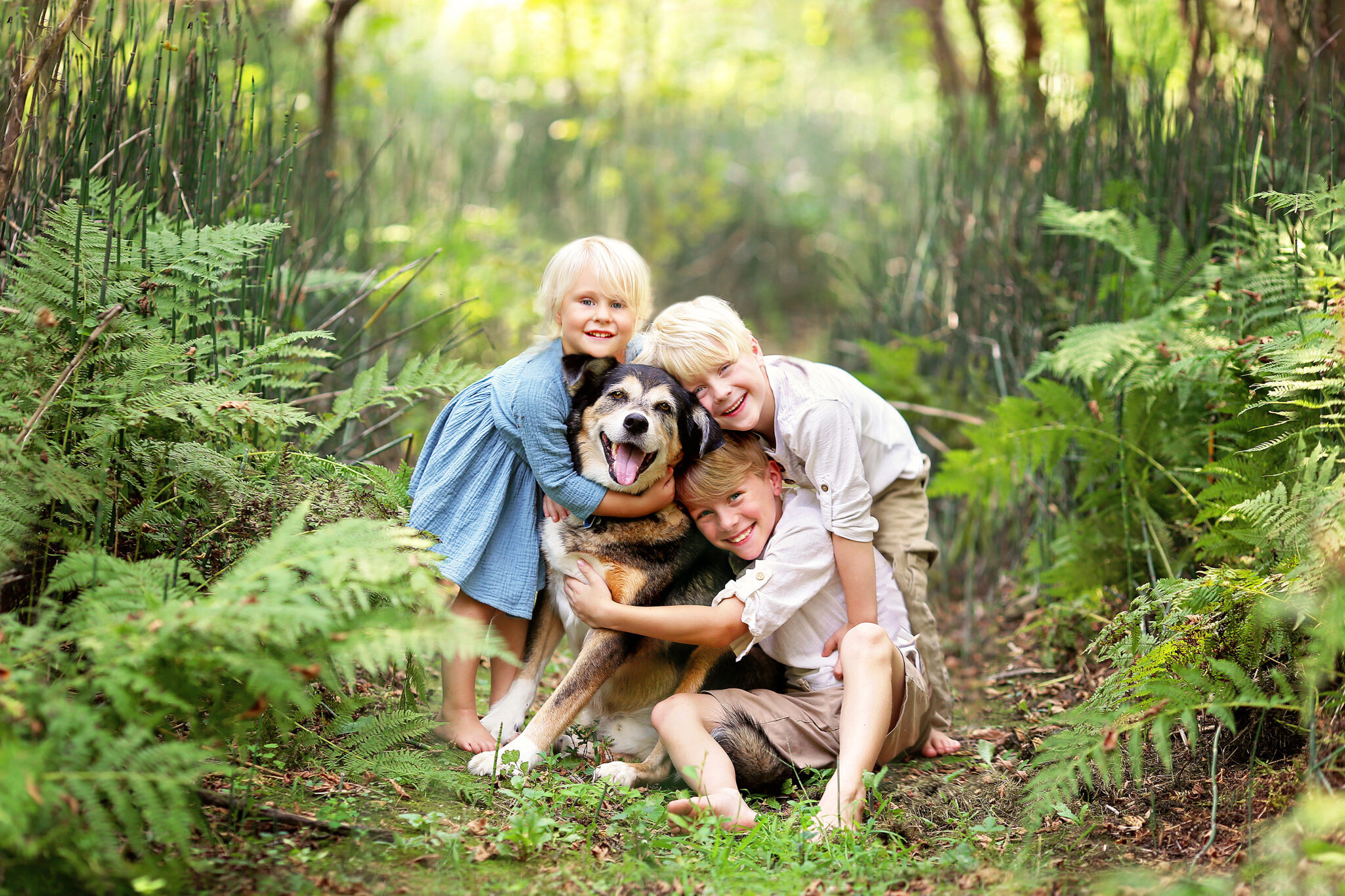 Three Happy Children Lovinglt Hugging The Pet Dog In The Forest