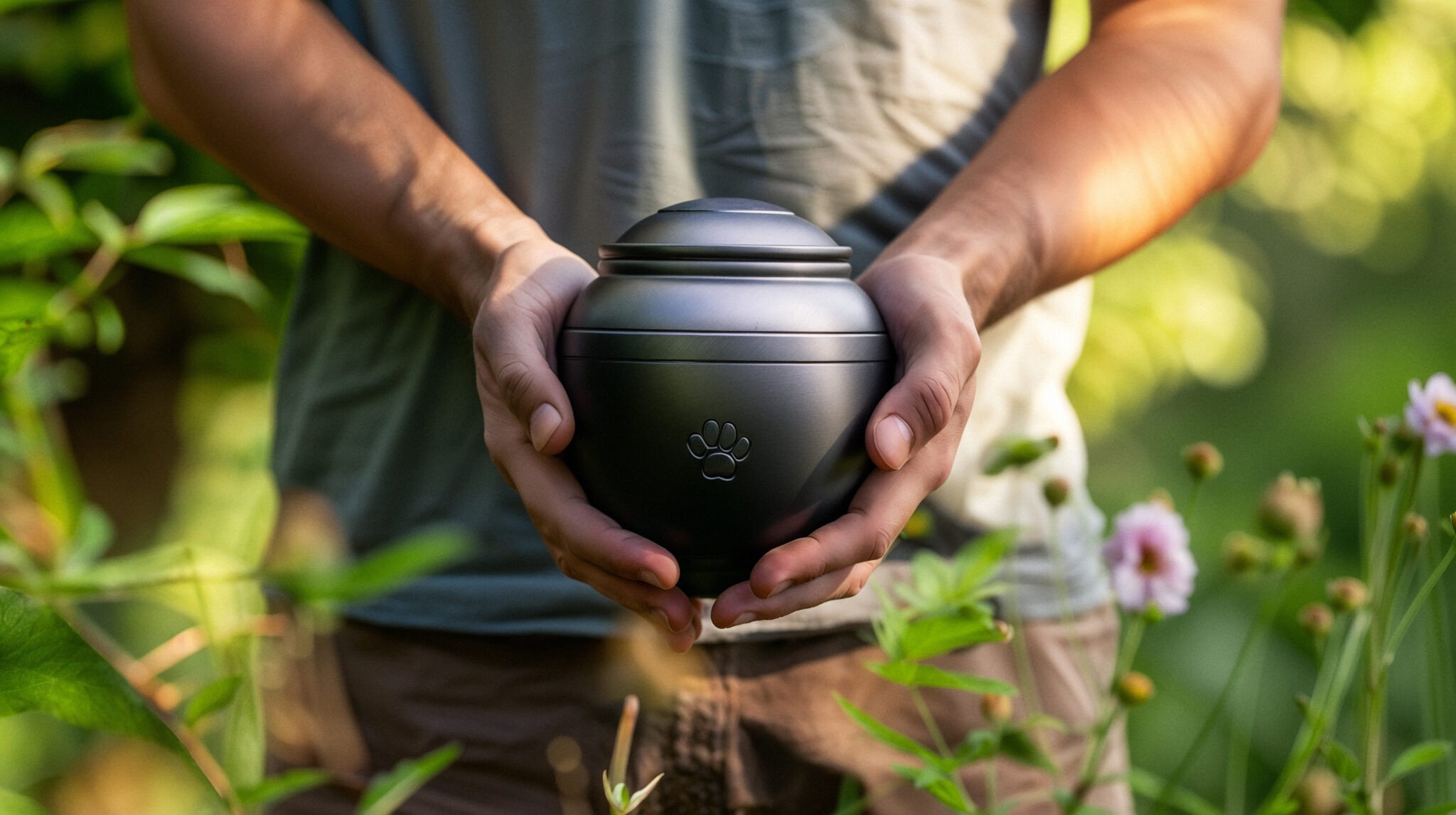 A Man Holds In His Hands An Urn With The Ashes Of His Beloved Pet. Ai Generative