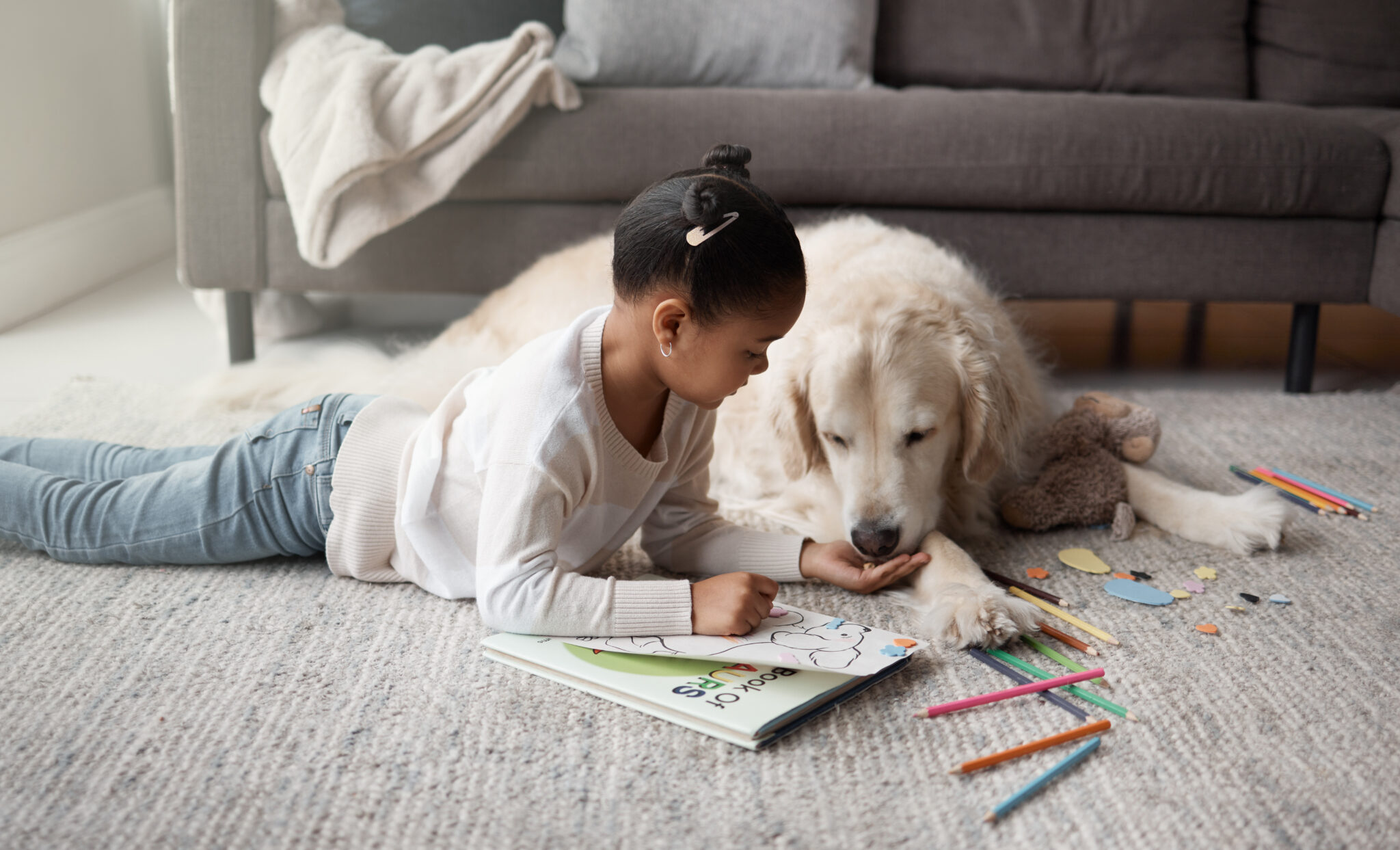 Girl, Dog And Feeding On Floor In House For Support, Safety And Playing Together With Love Or Care. Young Child, Animal And Golden Retriever On Ground In Home For Pet Growth, Security And Development